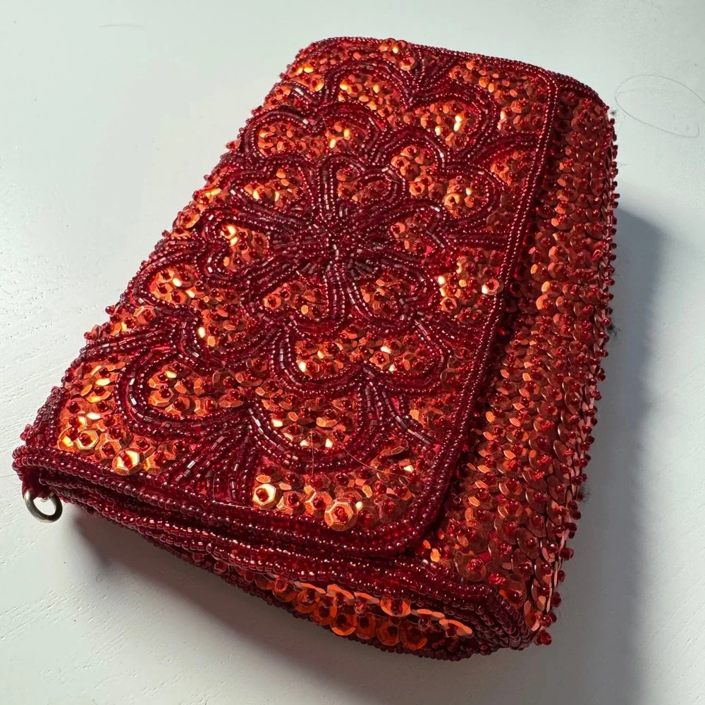 La Regale Vtg Red Beads Sequin Clutch Evening Bag Glam Wedding Guest Bridal Gala